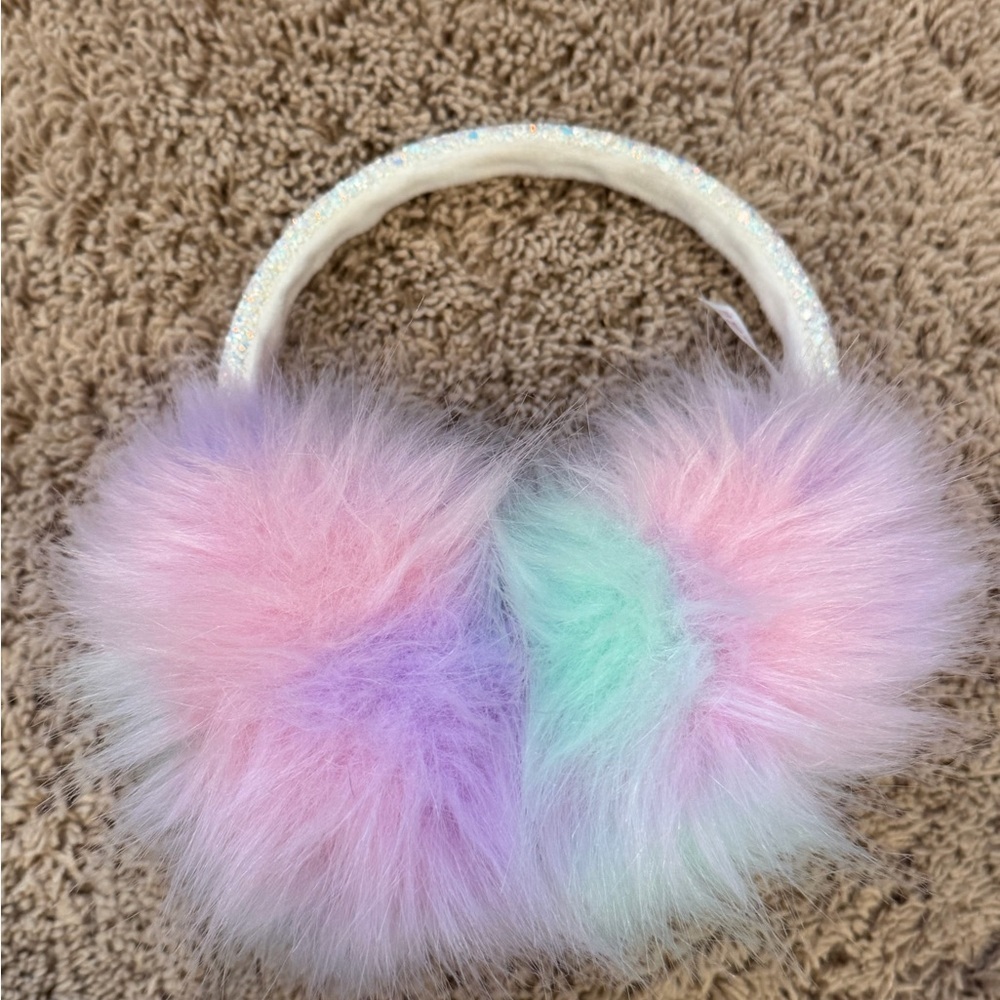 Justice Pastel Fluffy Earmuffs h initial sparkly band pink blue purple teal